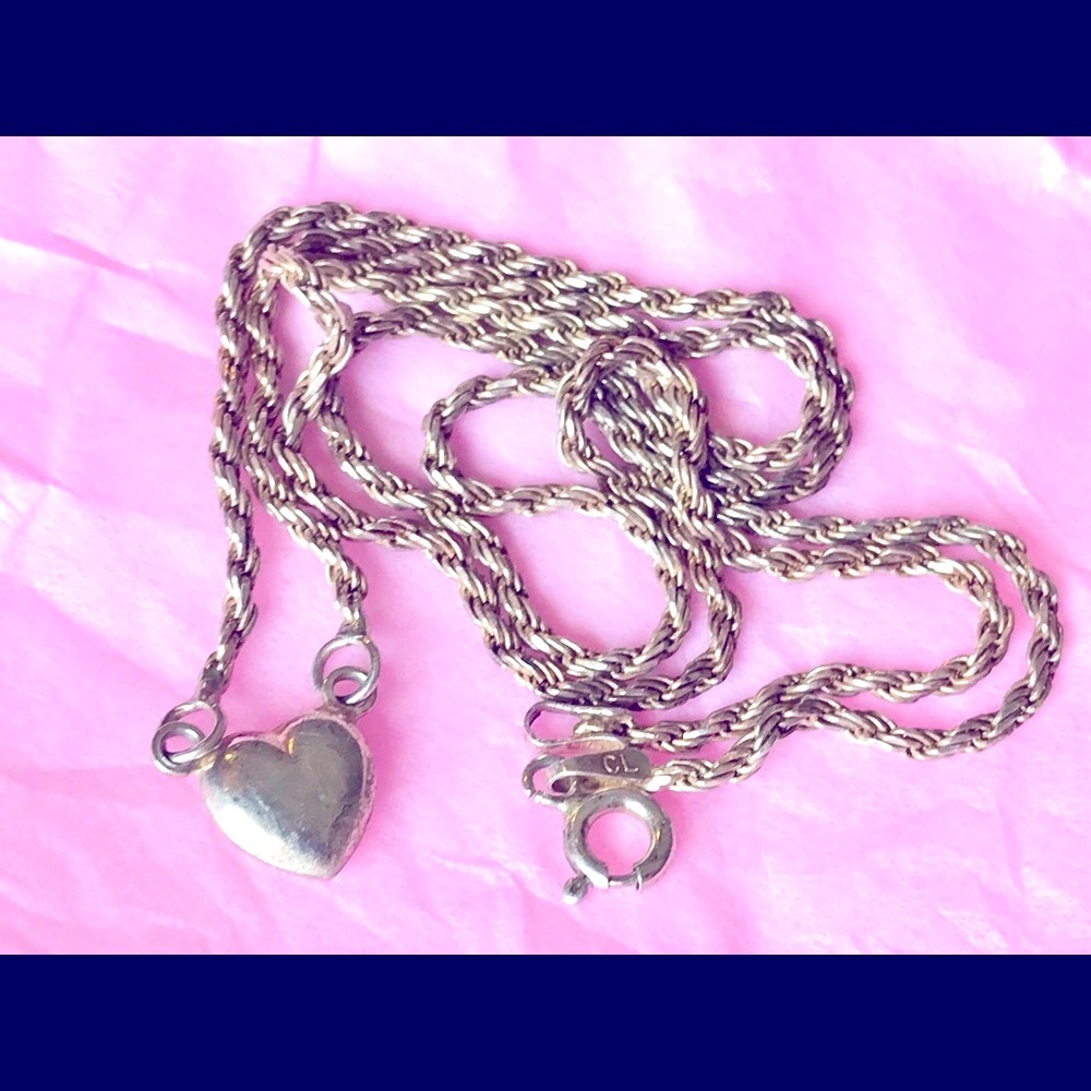 Vtg .925 Heart Pendant Rope Necklace Italy  19”